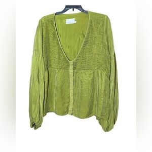 Anthropologie Sancia Silky Puff Sleeve Oversized Pintucked Pleat Button Front XS